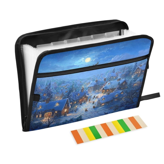 Accordion File Organizer with Zip Closure 13 Pockets Expanding File Folder Letter A4 Paper Document Organizer for Home Office Beautiful Christmas Night Scene