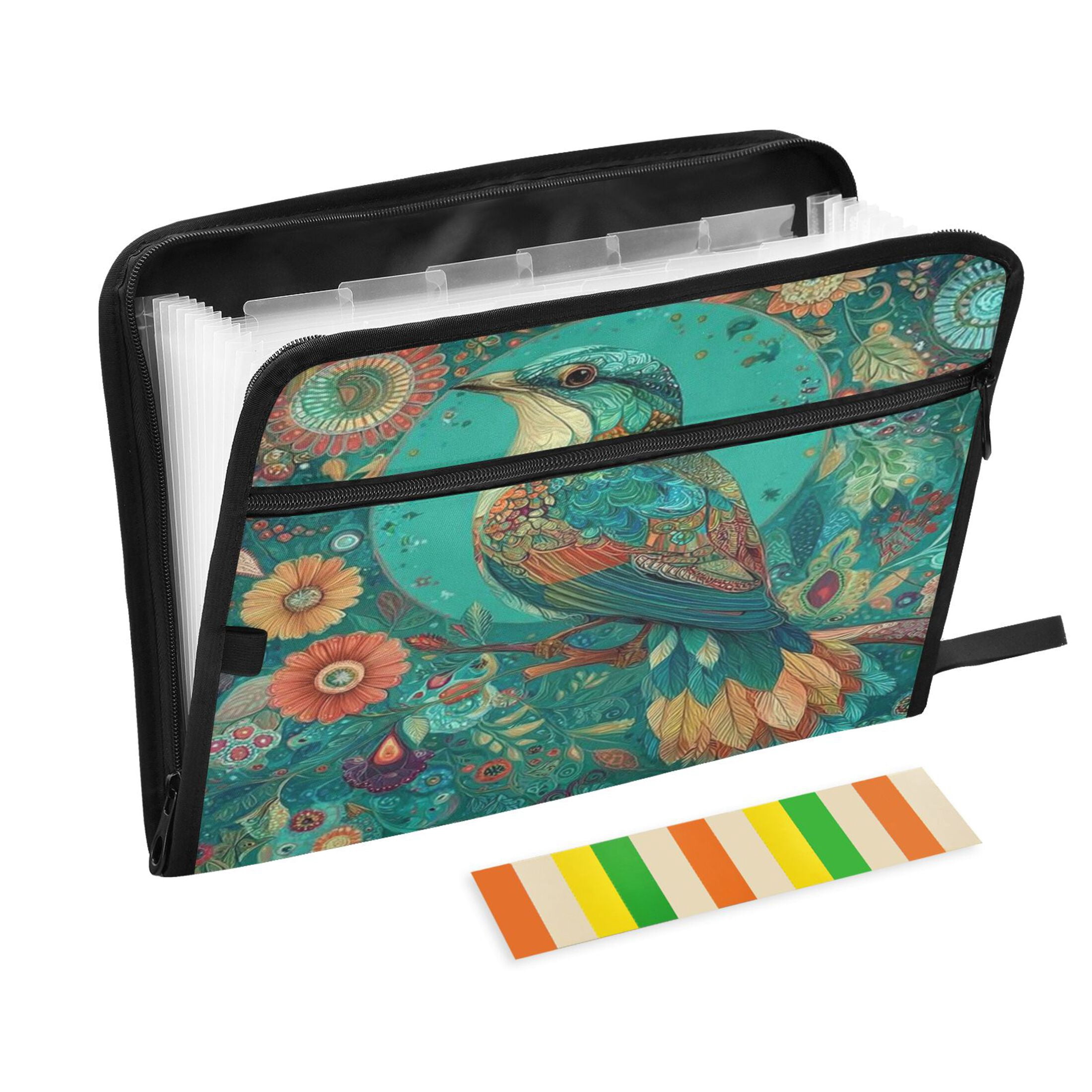 Accordion File Organizer with Zip Closure 13 Pockets Expanding File Folder Letter A4 Paper Document Organizer for Home Office Beautiful Psychedelic Bird