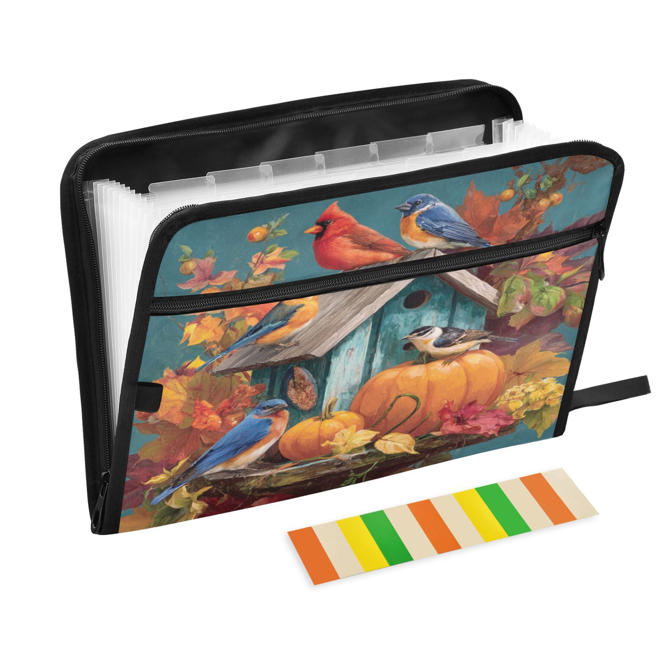 Accordion File Organizer with Zip Closure 13 Pockets Expanding File Folder Letter A4 Paper Document Organizer for Home Office Birdhouse and Colorful Birds