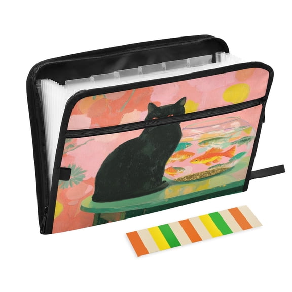 Accordion File Organizer with Zip Closure 13 Pockets Expanding File Folder Letter A4 Paper Document Organizer for Home Office Black Cat and Goldfish Bowl
