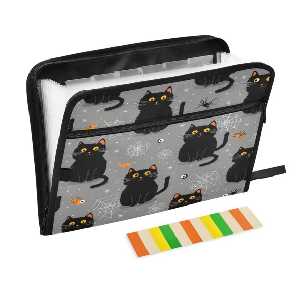 Accordion File Organizer with Zip Closure 13 Pockets Expanding File Folder Letter A4 Paper Document Organizer for Home Office Black Cat and Spider Web