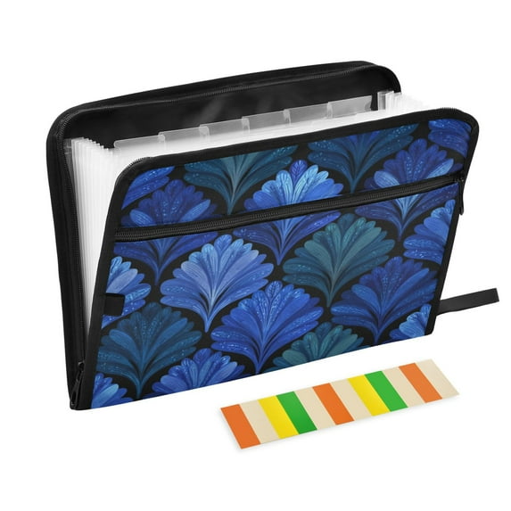 Accordion File Organizer with Zip Closure 13 Pockets Expanding File Folder Letter A4 Paper Document Organizer for Home Office Blue Batik Leaves Pattern