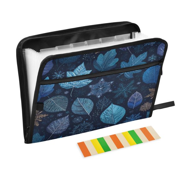 Accordion File Organizer with Zip Closure 13 Pockets Expanding File Folder Letter A4 Paper Document Organizer for Home Office Blue Leaves and Snowflakes