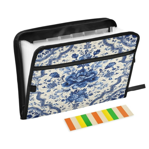 Accordion File Organizer with Zip Closure 13 Pockets Expanding File Folder Letter A4 Paper Document Organizer for Home Office Blue and White Porcelain-style