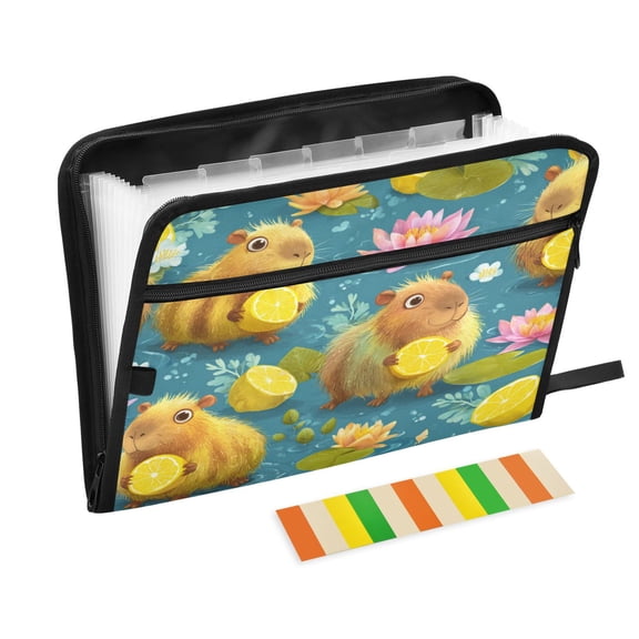 Accordion File Organizer with Zip Closure 13 Pockets Expanding File Folder Letter A4 Paper Document Organizer for Home Office Capybaras Holding Lemons