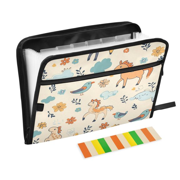 Accordion File Organizer with Zip Closure 13 Pockets Expanding File Folder Letter A4 Paper Document Organizer for Home Office Cartoon Horses and Flowers