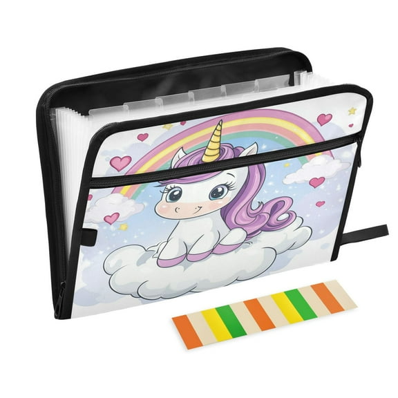 Accordion File Organizer with Zip Closure 13 Pockets Expanding File Folder Letter A4 Paper Document Organizer for Home Office Cartoon Unicorn Sitting on A Cloud