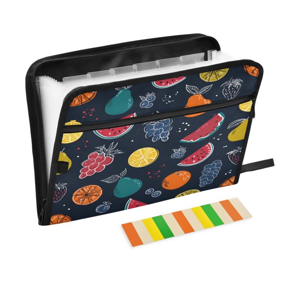 Accordion File Organizer with Zip Closure 13 Pockets Expanding File Folder Letter A4 Paper Document Organizer for Home Office Cartoon Variety Of Fruits