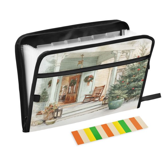 Accordion File Organizer with Zip Closure 13 Pockets Expanding File Folder Letter A4 Paper Document Organizer for Home Office Charming Christmas Doorway