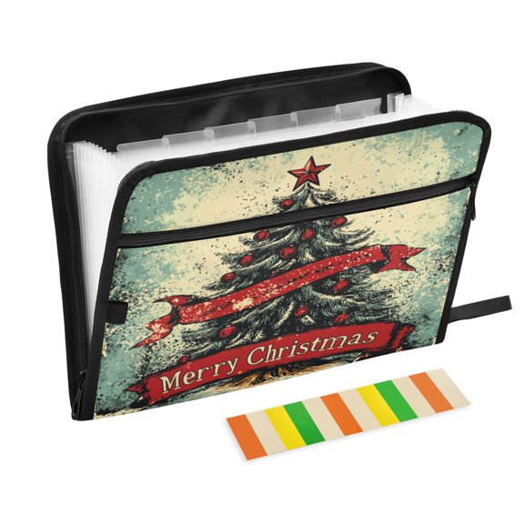 Accordion File Organizer with Zip Closure 13 Pockets Expanding File Folder Letter A4 Paper Document Organizer for Home Office Christmas Tree with Red Banner