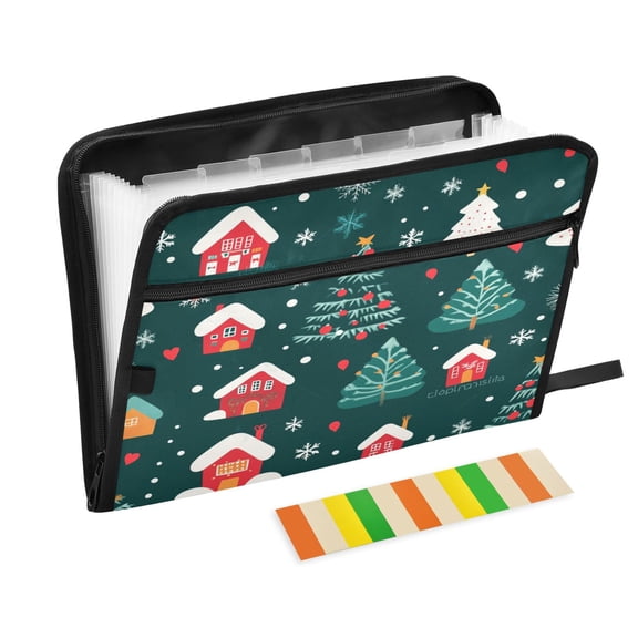 Accordion File Organizer with Zip Closure 13 Pockets Expanding File Folder Letter A4 Paper Document Organizer for Home Office Christmas Trees and Houses