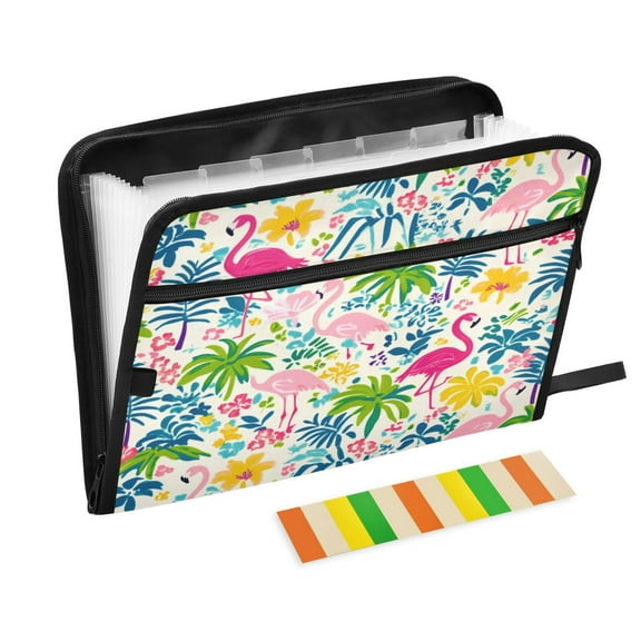 Accordion File Organizer with Zip Closure 13 Pockets Expanding File Folder Letter A4 Paper Document Organizer for Home Office Colorful Flamingo Pattern