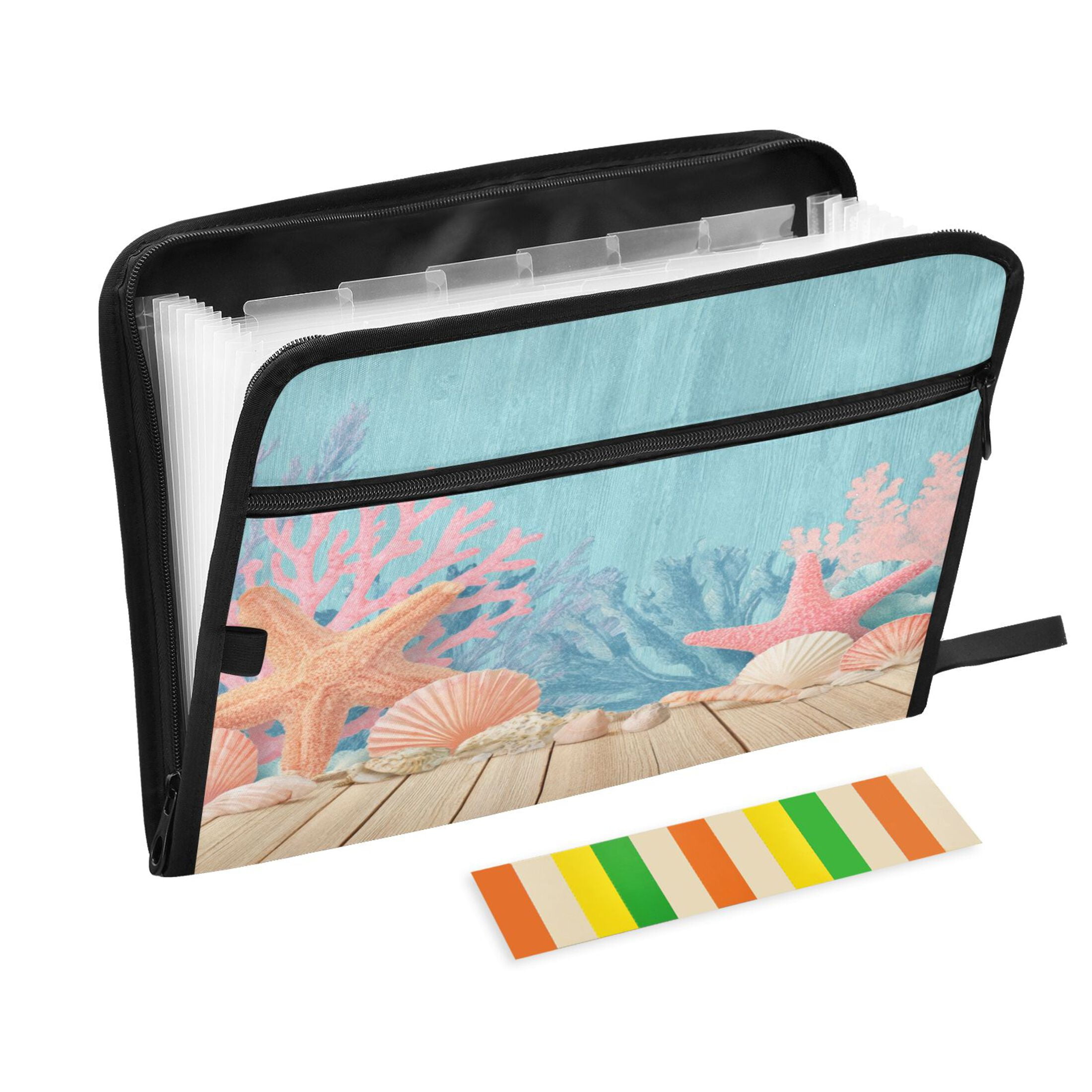Accordion File Organizer with Zip Closure 13 Pockets Expanding File Folder Letter A4 Paper Document Organizer for Home Office Colorful Starfish and Seashells