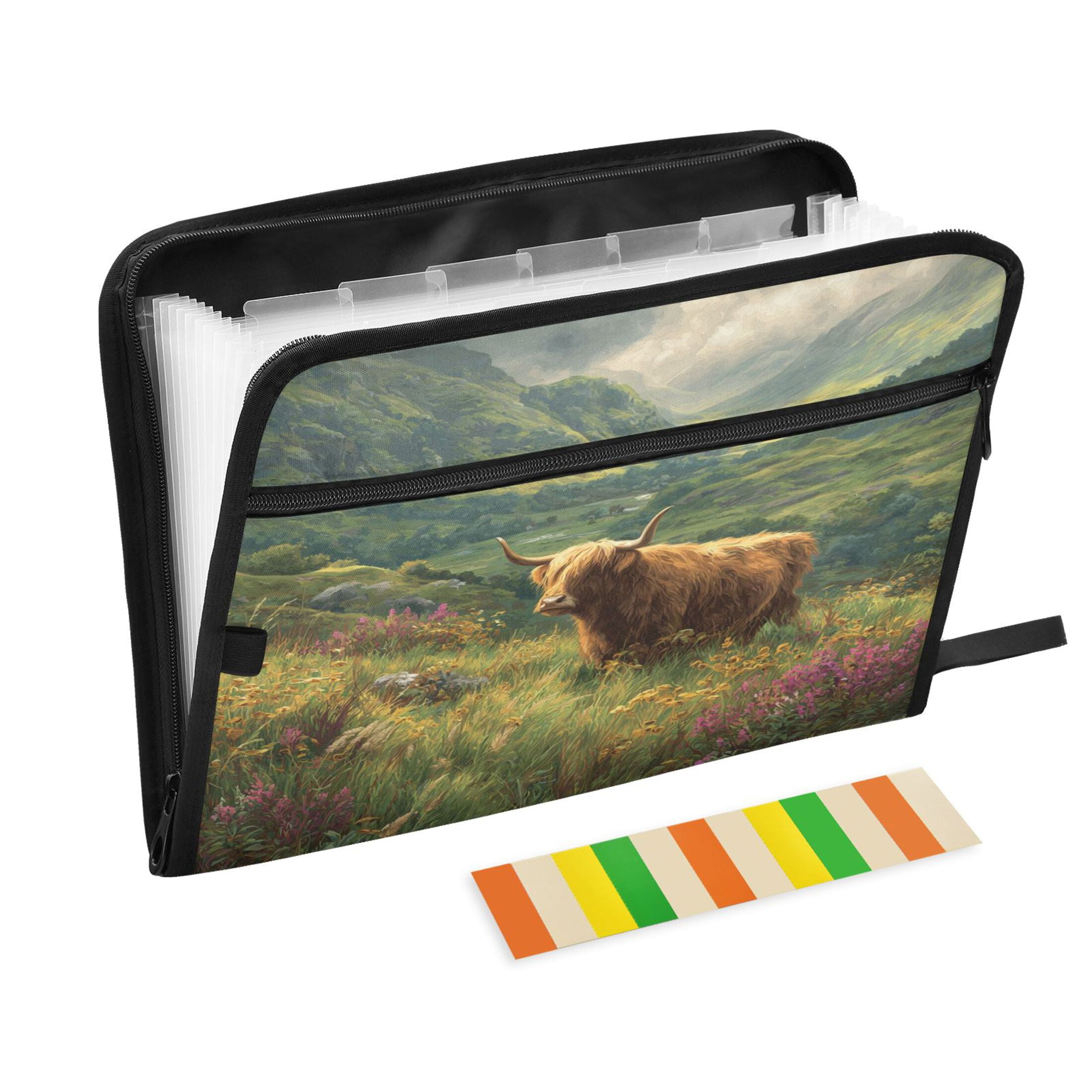 Accordion File Organizer with Zip Closure 13 Pockets Expanding File Folder Letter A4 Paper Document Organizer for Home Office Cow in Green Rolling Hills