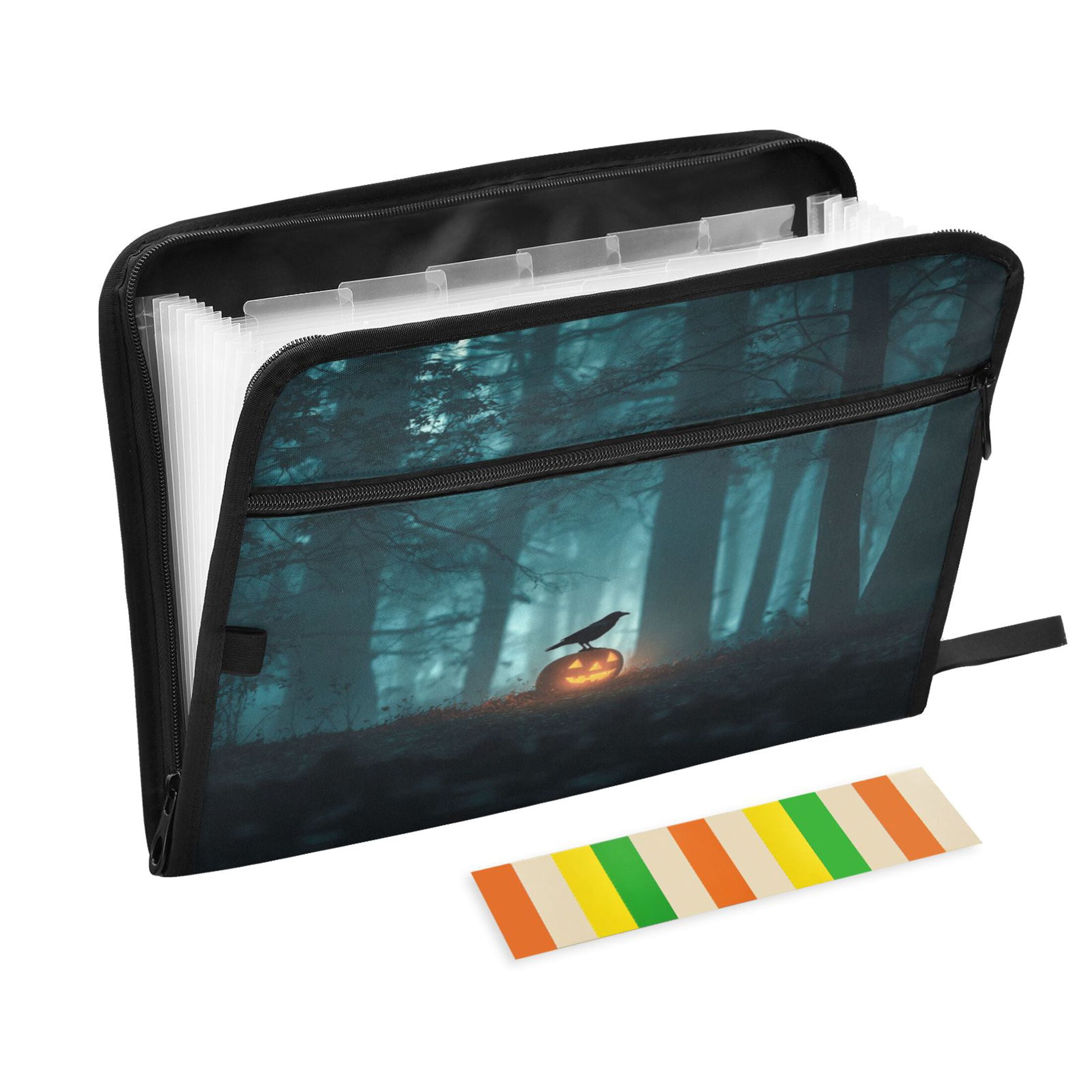 Accordion File Organizer with Zip Closure 13 Pockets Expanding File Folder Letter A4 Paper Document Organizer for Home Office Crow Perched on Pumpkin Lantern