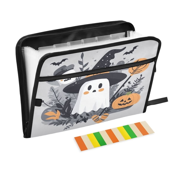 Accordion File Organizer with Zip Closure 13 Pockets Expanding File Folder Letter A4 Paper Document Organizer for Home Office Cute Cartoon Witch and Ghost Character