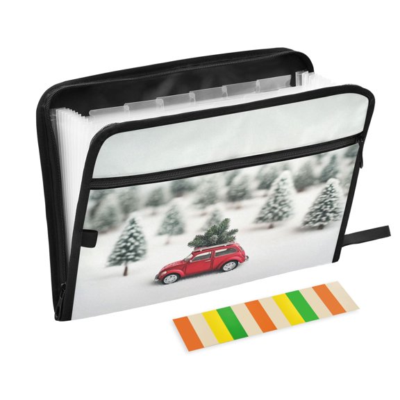 Accordion File Organizer with Zip Closure 13 Pockets Expanding File Folder Letter A4 Paper Document Organizer for Home Office Cute Toy Car and Christmas Tree