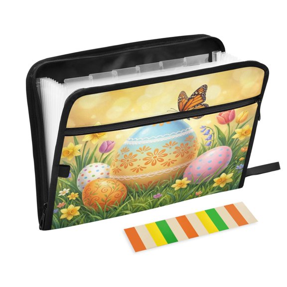 Accordion File Organizer with Zip Closure 13 Pockets Expanding File Folder Letter A4 Paper Document Organizer for Home Office Decorated Eggs and Flowers