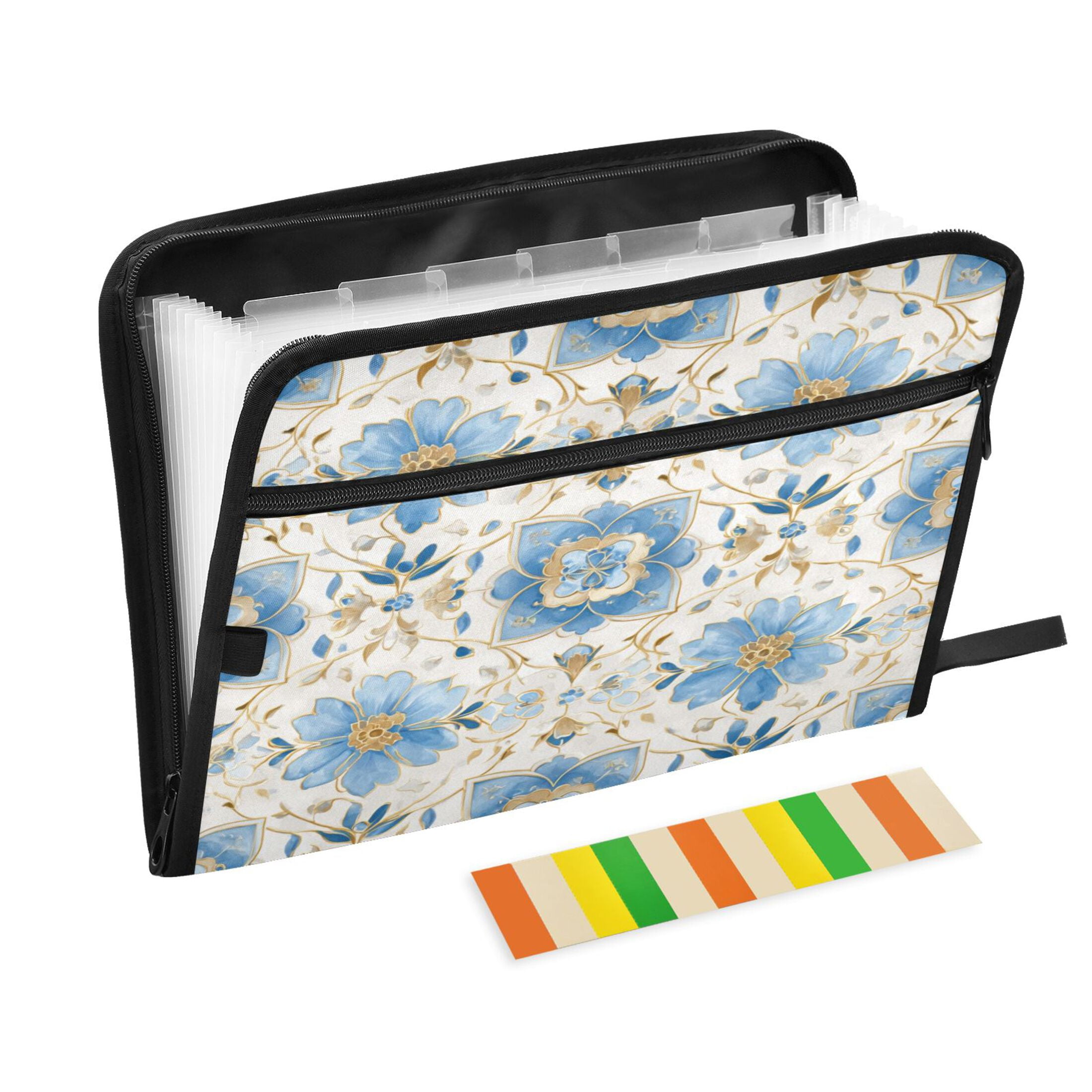 Accordion File Organizer with Zip Closure 13 Pockets Expanding File Folder Letter A4 Paper Document Organizer for Home Office Elegant and Timeless Blue Flower