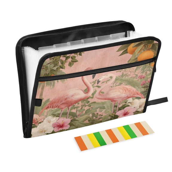 Accordion File Organizer with Zip Closure 13 Pockets Expanding File Folder Letter A4 Paper Document Organizer for Home Office Flamingos in Tropical Garden