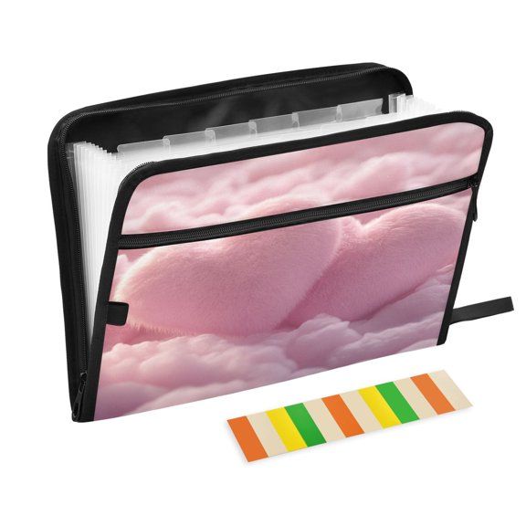 Accordion File Organizer with Zip Closure 13 Pockets Expanding File Folder Letter A4 Paper Document Organizer for Home Office Fluffy Pink Heart-shaped
