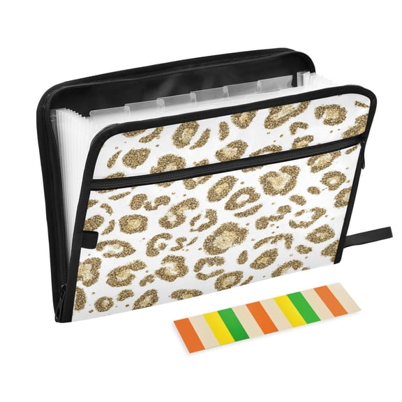 Accordion File Organizer with Zip Closure 13 Pockets Expanding File Folder Letter A4 Paper Document Organizer for Home Office Gold Leopard Print Pattern