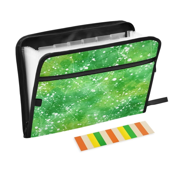 Accordion File Organizer with Zip Closure 13 Pockets Expanding File Folder Letter A4 Paper Document Organizer for Home Office Green Ink Splatter Pattern
