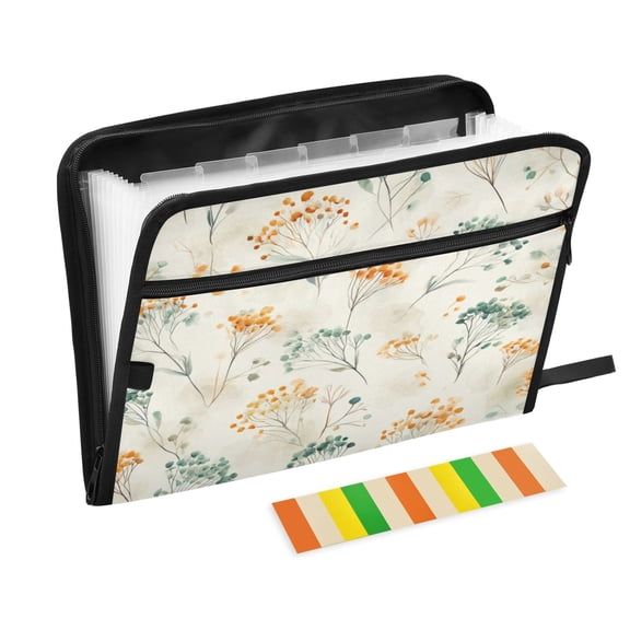 Accordion File Organizer with Zip Closure 13 Pockets Expanding File Folder Letter A4 Paper Document Organizer for Home Office Green and Orange Small Flowers