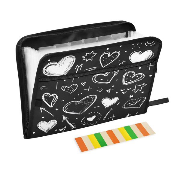 Accordion File Organizer with Zip Closure 13 Pockets Expanding File Folder Letter A4 Paper Document Organizer for Home Office Heart on Black Background