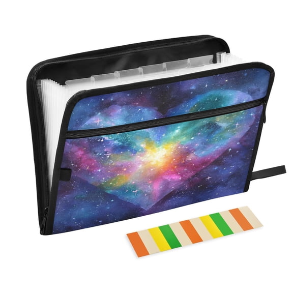Accordion File Organizer with Zip Closure 13 Pockets Expanding File Folder Letter A4 Paper Document Organizer for Home Office Heart with Galaxy Background