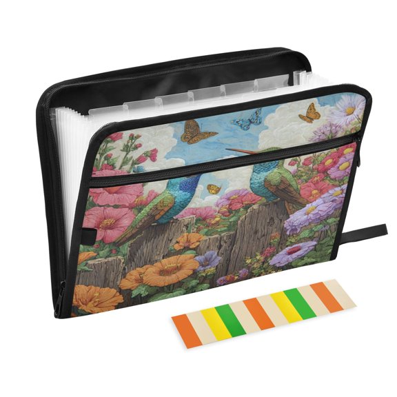 Accordion File Organizer with Zip Closure 13 Pockets Expanding File Folder Letter A4 Paper Document Organizer for Home Office Hummingbirds and Flowers
