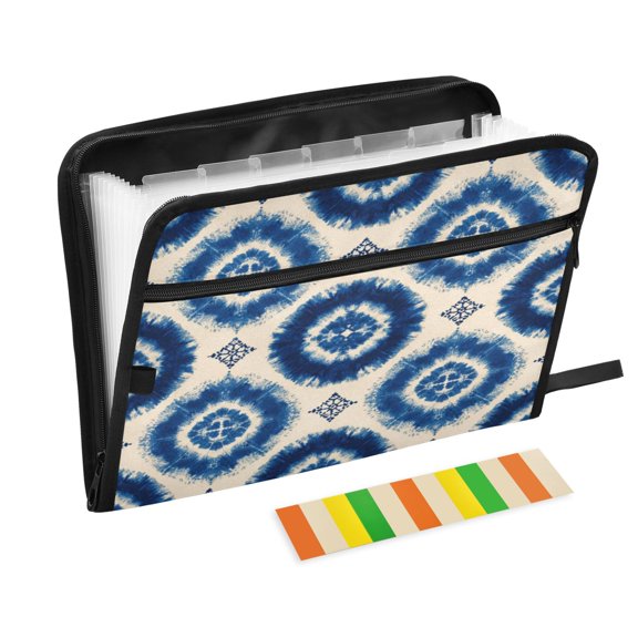 Accordion File Organizer with Zip Closure 13 Pockets Expanding File Folder Letter A4 Paper Document Organizer for Home Office Intricate Blue and White Tie-dye