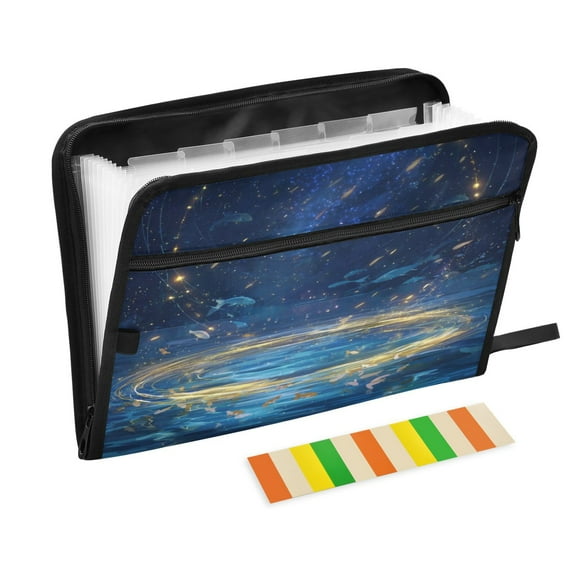 Accordion File Organizer with Zip Closure 13 Pockets Expanding File Folder Letter A4 Paper Document Organizer for Home Office Magical Night Sky with Fish