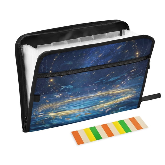 Accordion File Organizer with Zip Closure 13 Pockets Expanding File Folder Letter A4 Paper Document Organizer for Home Office Magical Night Sky with Fish