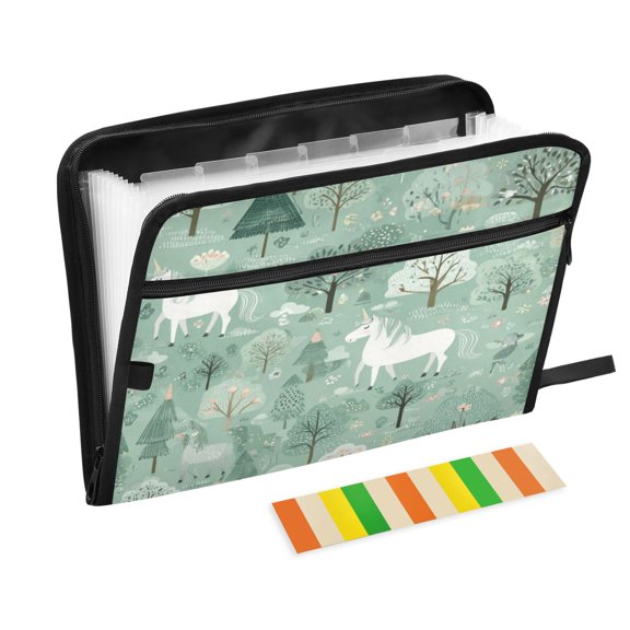 Accordion File Organizer with Zip Closure 13 Pockets Expanding File Folder Letter A4 Paper Document Organizer for Home Office Mint Green Unicorns and Trees