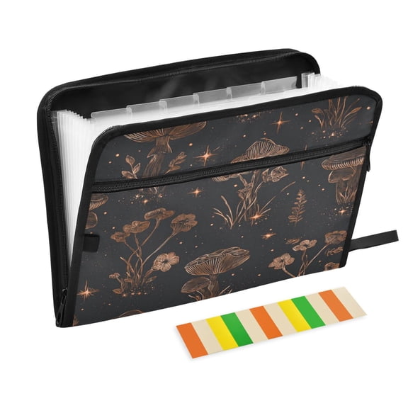Accordion File Organizer with Zip Closure 13 Pockets Expanding File Folder Letter A4 Paper Document Organizer for Home Office Mushrooms and Glittering Stars