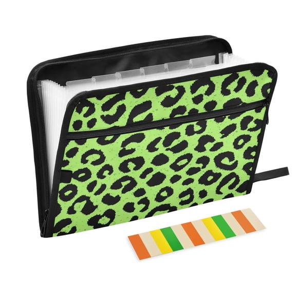 Accordion File Organizer with Zip Closure 13 Pockets Expanding File Folder Letter A4 Paper Document Organizer for Home Office Neon Green Leopard Print