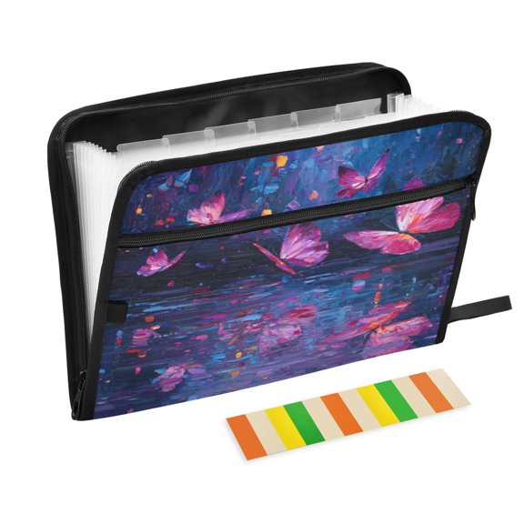 Accordion File Organizer with Zip Closure 13 Pockets Expanding File Folder Letter A4 Paper Document Organizer for Home Office Night Scene and Butterflies