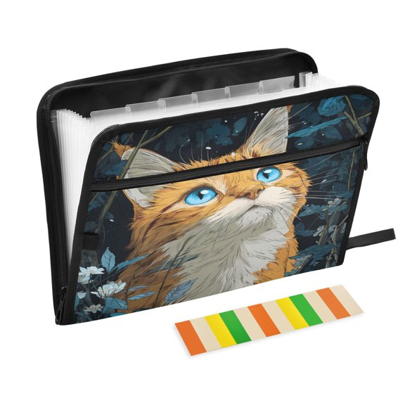 Accordion File Organizer with Zip Closure 13 Pockets Expanding File Folder Letter A4 Paper Document Organizer for Home Office Orange Cat with Blue Eyes