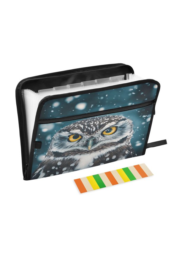 Accordion File Organizer with Zip Closure 13 Pockets Expanding File Folder Letter A4 Paper Document Organizer for Home Office Owl with Piercing Yellow Eyes
