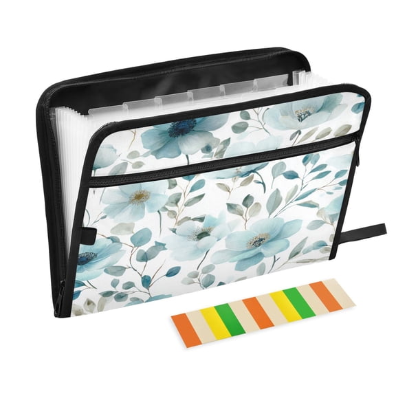 Accordion File Organizer with Zip Closure 13 Pockets Expanding File Folder Letter A4 Paper Document Organizer for Home Office Pastel Blue Flowers Pattern