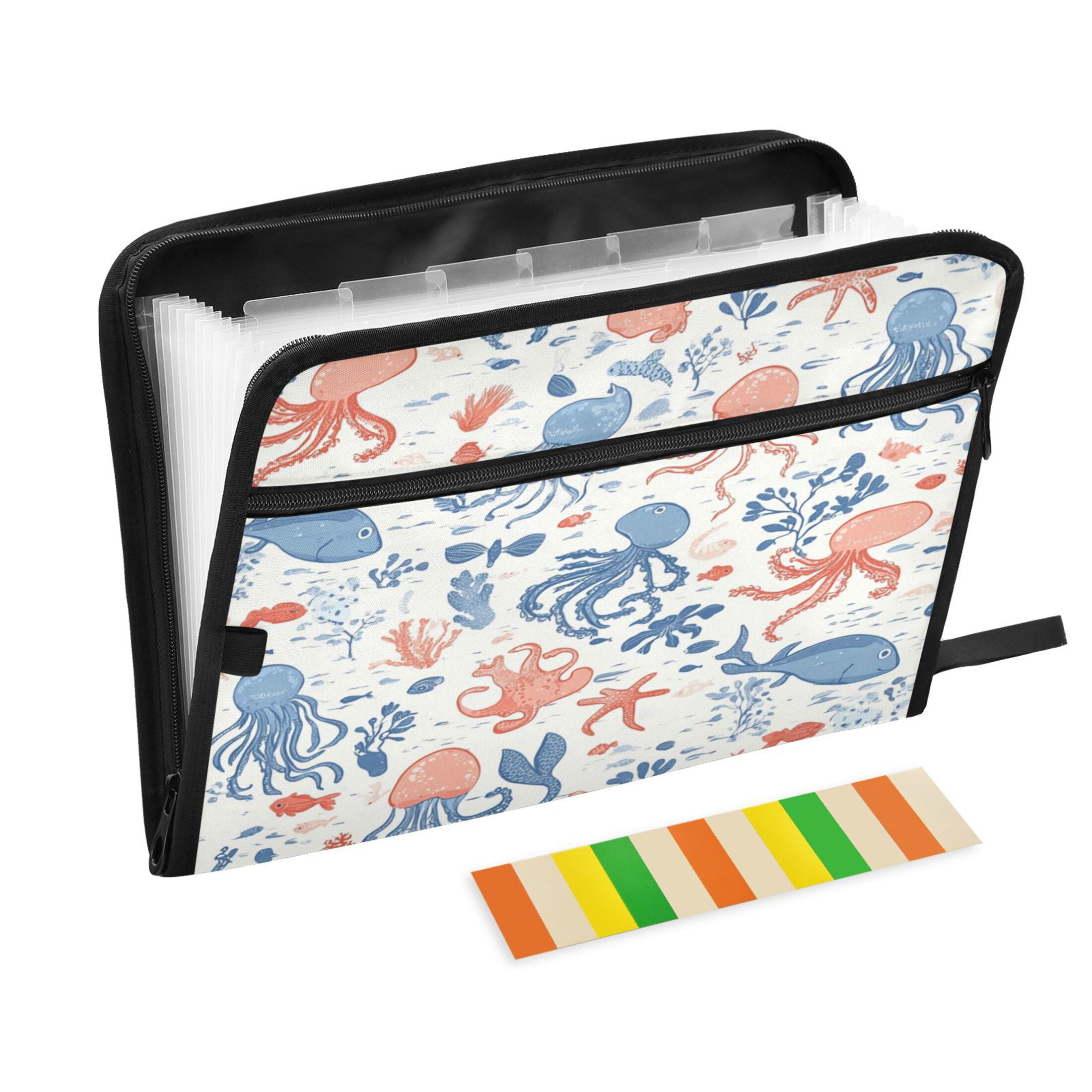 Accordion File Organizer with Zip Closure 13 Pockets Expanding File Folder Letter A4 Paper Document Organizer for Home Office Pastel Colors Sea Creatures