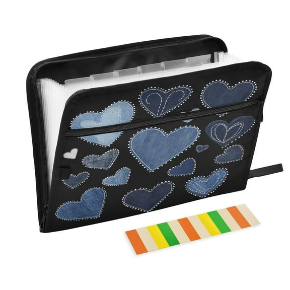 Accordion File Organizer with Zip Closure 13 Pockets Expanding File Folder Letter A4 Paper Document Organizer for Home Office A Pattern Of Denim Hearts