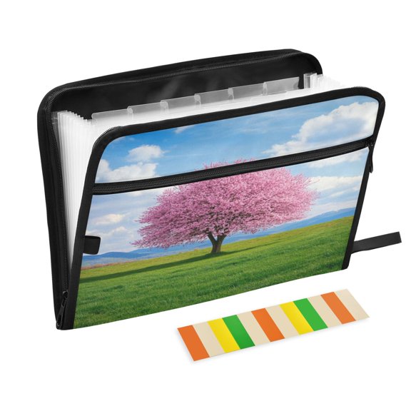 Accordion File Organizer with Zip Closure 13 Pockets Expanding File Folder Letter A4 Paper Document Organizer for Home Office Pink Cherry Blossom Tree