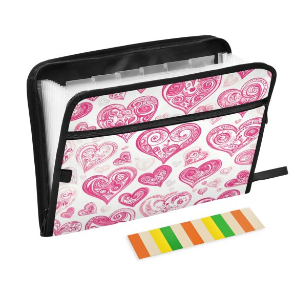 Accordion File Organizer with Zip Closure 13 Pockets Expanding File Folder Letter A4 Paper Document Organizer for Home Office Pink and Red Hearts Pattern