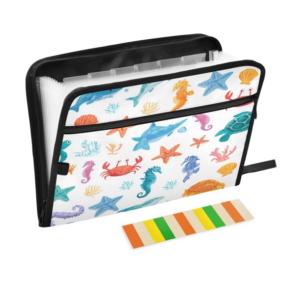 Accordion File Organizer with Zip Closure 13 Pockets Expanding File Folder Letter A4 Paper Document Organizer for Home Office Playful Sea Animals Pattern