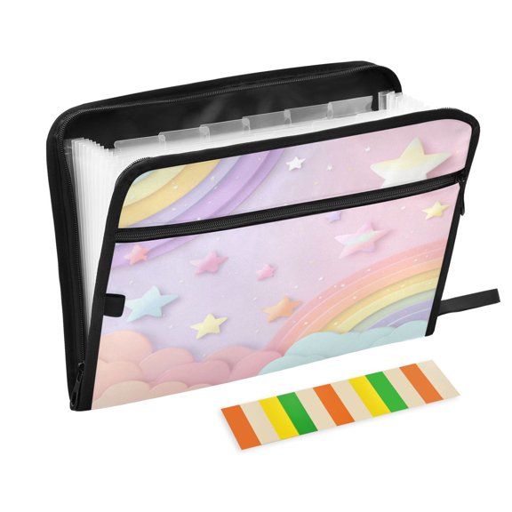 Accordion File Organizer with Zip Closure 13 Pockets Expanding File Folder Letter A4 Paper Document Organizer for Home Office Rainbow Stars and Cloud Pattern