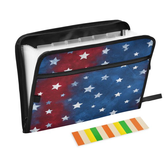 Accordion File Organizer with Zip Closure 13 Pockets Expanding File Folder Letter A4 Paper Document Organizer for Home Office Red White and Blue Stars Pattern