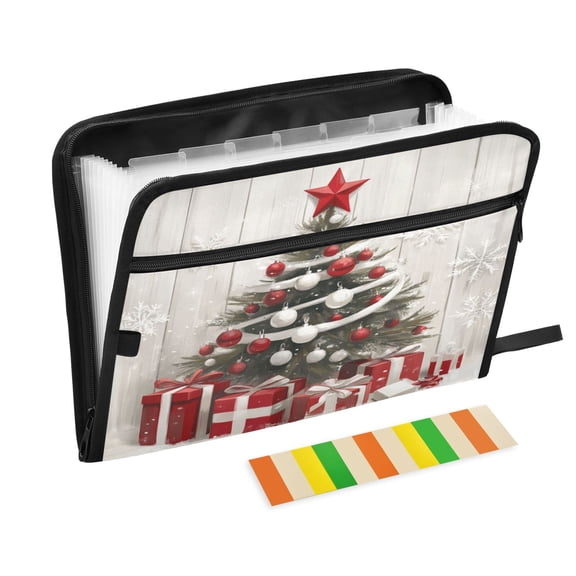 Accordion File Organizer with Zip Closure 13 Pockets Expanding File Folder Letter A4 Paper Document Organizer for Home Office Red and White Christmas Tree