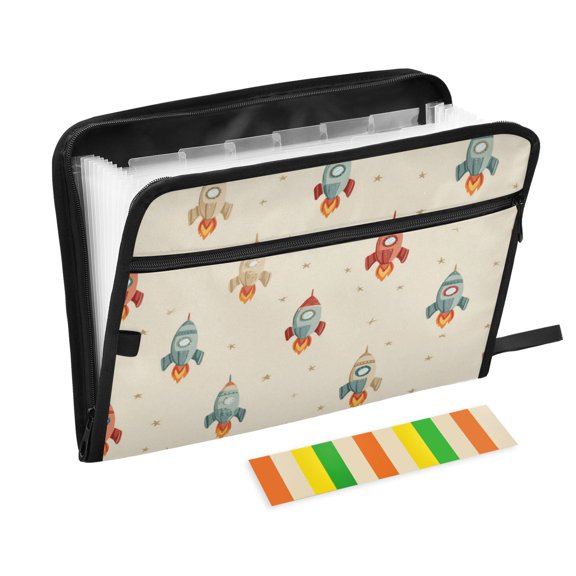 Accordion File Organizer with Zip Closure 13 Pockets Expanding File Folder Letter A4 Paper Document Organizer for Home Office Rocket with Flames Pattern